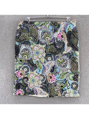 Talbots Skirt Womens 14 Blue Multi Paisley Floral Knee Length Stretch Straight*